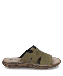 La sandale en cuir vert olive avec fermeture à élastique offre confort et style. Elle a une semelle robuste marron clair et des détails perforés sur le dessus pour la respirabilité.