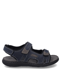 La sandalo è realizzato in pelle blu scuro con accenti grigi e dispone di pratiche chiusure in velcro. Offre una suola nera robusta e cuciture decorative alla moda per un ulteriore stile.