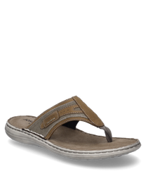 Separadores de dedos de material textil beige con acentos de cuero marrón. La suela es de goma gris claro sin cierre ideal para el verano.