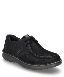 Black leather lace-up shoe. The shoe features a sturdy sole and contrasting stitching for added style.