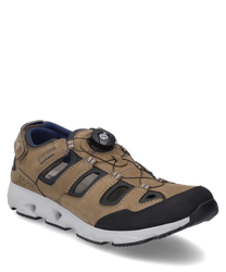 Brown sneakers with lacing made of leather with black accents and a sturdy white sole. The shoe features open sides for breathability and a reinforced toe area for added protection.