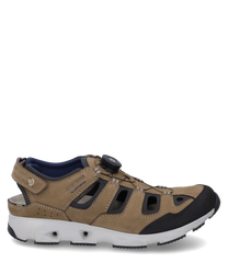 Brown sneakers with lacing made of leather with black accents and a sturdy white sole. The shoe features open sides for breathability and a reinforced toe area for added protection.