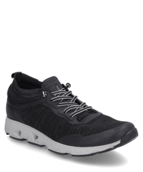 Modern sneaker with lacing made of black textile material and synthetic accents. The shoe features a white profiled sole and subtle design details.