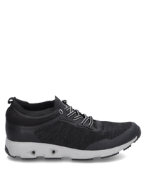 Modern sneaker with lacing made of black textile material and synthetic accents. The shoe features a white profiled sole and subtle design details.