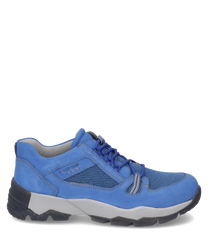 Una scarpa sportiva con lacci di un blu vivace. È realizzata in un materiale a rete traspirante con elementi in camoscio stabili e una robusta suola in gomma per un comfort ottimale.