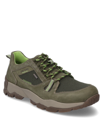 Una scarpa sportiva a metà altezza con lacci in verde oliva e marrone. La scarpa è realizzata con un mix di pelle e mesh con accenti verdi evidenti e una suola resistente.
