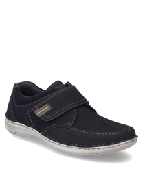 The dark blue leather shoe with Velcro offers comfort and style. Contrast stitching and a light gray sole give the shoe a modern look.