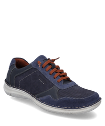 Modern lace-up shoe made of blue leather and textile. The shoe features a contrasting brown lacing and a light sole.