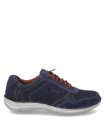 Modern lace-up shoe made of blue leather and textile. The shoe features a contrasting brown lacing and a light sole.