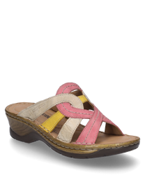 Le sabot est fabriqué en cuir et présente un design multicolore en rose beige et jaune. Il dispose d'une fermeture élastique en caoutchouc confortable et d'une semelle robuste à motifs bruns pour un confort optimal.