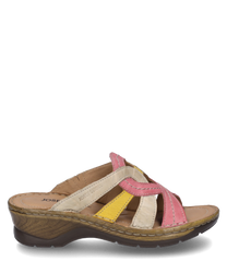 Le sabot est fabriqué en cuir et présente un design multicolore en rose beige et jaune. Il dispose d'une fermeture élastique en caoutchouc confortable et d'une semelle robuste à motifs bruns pour un confort optimal.
