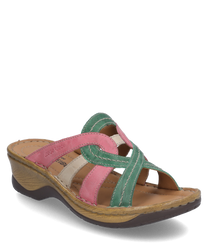 Le sabot est en cuir coloré rose vert et beige avec un élastique confortable comme fermeture. La semelle est en bois ce qui donne à la chaussure un charme rustique. Idéal pour un look décontracté et estival.