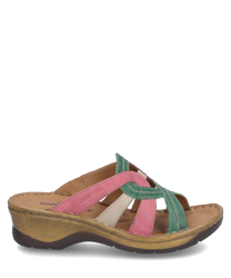 Le sabot est en cuir coloré rose vert et beige avec un élastique confortable comme fermeture. La semelle est en bois ce qui donne à la chaussure un charme rustique. Idéal pour un look décontracté et estival.