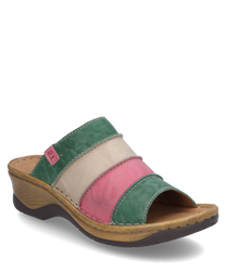 This clog in the color Pine-Multi features a multicolored design of light green beige and pink. It has a comfortable elastic closure and a sturdy sole for optimal support.