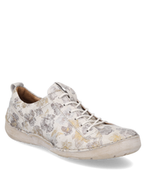El zapato crema-multi está hecho de un material estampado con cordones. El zapato presenta un diseño floral en tonos sutiles y una suela estable y clara.