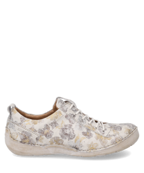 El zapato crema-multi está hecho de un material estampado con cordones. El zapato presenta un diseño floral en tonos sutiles y una suela estable y clara.