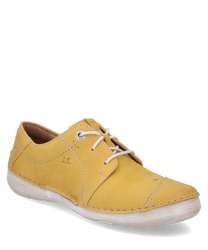 Yellow leather lace-up shoe with visible light stitching and a white sole. The shoe features a minimalist design with a small logo detail on the side.