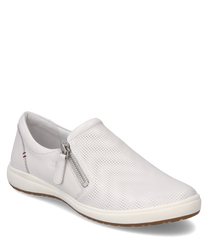Der weiße Slipper besteht aus einem glatten Material mit einem seitlichen Reißverschluss für einfaches An- und Ausziehen. Das schlichte Design wird durch feine Perforationen auf der Oberseite ergänzt.