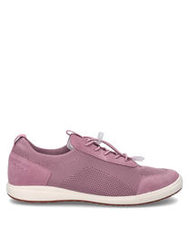 Pink sneakers with lacing made from a combination of mesh and suede. The shoe features a white sole and offers a comfortable fit.