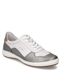 Modern sneaker with lacing made of smooth white leather and silver inserts. The shoe features a brown heel area and a light sole ideal for a sporty-elegant look.