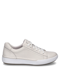 Der weiße Sneaker besteht aus glattem Leder und hat eine klassische Schnürung. Der Schuh zeichnet sich durch eine klare Linienführung und eine robuste strukturierte Sohle aus.
