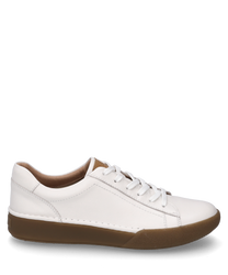 The sneaker in white combination features a classic design with smooth light upper material and a sturdy lacing. The brown sole adds a modern contrast to the shoe.