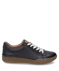 La sneaker en noir-combiné présente un design élégant avec une tige lisse en cuir noir. Il dispose d'un laçage blanc et d'une semelle en caoutchouc marron pour un confort optimal.