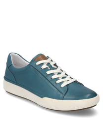 Azure-colored sneaker with lacing made of smooth leather. The shoe features a white rubber sole and a simple elegant design.