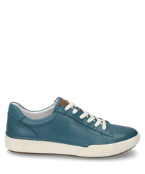 Azure-colored sneaker with lacing made of smooth leather. The shoe features a white rubber sole and a simple elegant design.