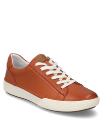 An orange sneaker with lacing made of leather which stands out due to its white sole and contrasting white laces. The simple design is complemented by careful stitching details and comfortable padding.