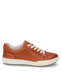An orange sneaker with lacing made of leather which stands out due to its white sole and contrasting white laces. The simple design is complemented by careful stitching details and comfortable padding.