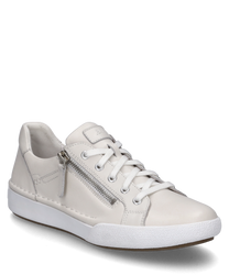 Białe sneakersy z sznurowaniem z gładkiej skóry z bocznym zamkiem błyskawicznym i płaską podeszwą. But ma minimalistyczny design z dyskretnymi szwami i jest idealny do swobodnego wyglądu.