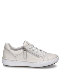Białe sneakersy z sznurowaniem z gładkiej skóry z bocznym zamkiem błyskawicznym i płaską podeszwą. But ma minimalistyczny design z dyskretnymi szwami i jest idealny do swobodnego wyglądu.