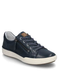 Dark blue sneaker made of smooth leather with lacing and a side zipper. The shoe features a white sole and a brown detail on the tongue perfect for casual everyday looks.