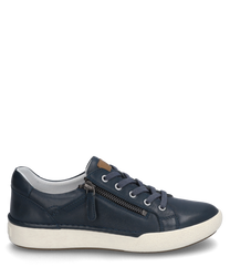Dark blue sneaker made of smooth leather with lacing and a side zipper. The shoe features a white sole and a brown detail on the tongue perfect for casual everyday looks.