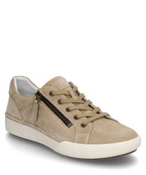 Beige suede sneakers with lacing and a side zipper. The light rubber sole and simple design give the shoe a modern and versatile look.