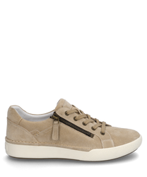 Beige suede sneakers with lacing and a side zipper. The light rubber sole and simple design give the shoe a modern and versatile look.