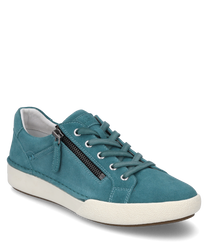 A turquoise sneaker with lacing and a side zipper. The shoe is made of suede and features a white rubber sole that provides a sporty look.