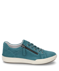 A turquoise sneaker with lacing and a side zipper. The shoe is made of suede and features a white rubber sole that provides a sporty look.