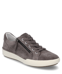 Gray suede sneaker with lacing and side zipper. The light rubber sole and simple design give the shoe a modern look.