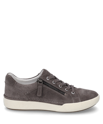 Gray suede sneaker with lacing and side zipper. The light rubber sole and simple design give the shoe a modern look.