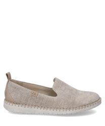 Zapatillas beige de textil con diseño sin costuras y entrada elástica. La suela clara y el patrón sencillo le dan al zapato un aspecto moderno.