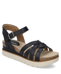 Zwarte sandaal met verstelbare klittenbandsluiting bovenmateriaal van leer. De sandaal heeft een beige zool van kurk en rubber die extra comfort biedt. Ideaal voor de zomer en casual outfits.
