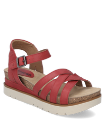 Sandalo rosso con chiusura in velcro realizzato in pelle. La suola è realizzata in materiale chiaro con accenti in sughero mentre le cinghie incrociate e una cinghia regolabile alla caviglia garantiscono una tenuta sicura.