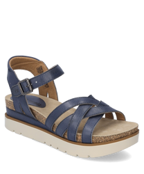 Sandale élégante en bleu foncé avec fermeture velcro. Tige en cuir semelle intérieure rembourrée et semelle extérieure robuste couleur brun clair pour un confort de port optimal.