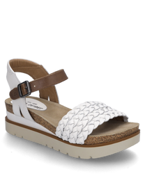 Witte sandaal met klittenbandsluiting en gevlochten band. Comfortabele voetbed en bruine kurken zool gecombineerd met witte en bruine leren banden.