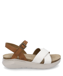 La sandalo ha cinturini in pelle bianchi e marroni con una chiusura in velcro regolabile. Ha una suola comoda e leggera e offre un comfort ottimale.