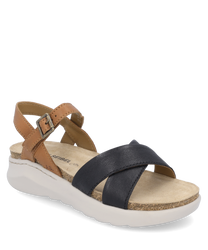 The sandal combines brown and black leather with a comfortable Velcro closure. The light sole and simple design make it ideal for everyday use.