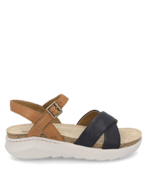 The sandal combines brown and black leather with a comfortable Velcro closure. The light sole and simple design make it ideal for everyday use.