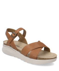 Braune Sandale mit Klettverschluss aus Leder. Die Sohle ist hell und strukturiert bietet optimalen Halt. Ideal für den Sommer vereint sie Komfort und Stil.